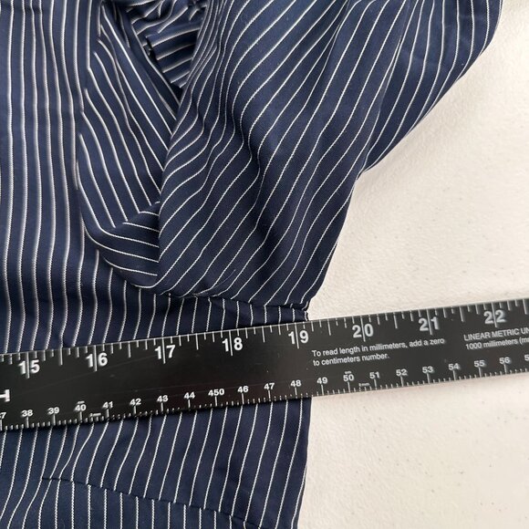Luxology Navy Pinstripe Ruffle Sleeve Dress 8 Rayon Tencel Striped Old Money - Picture 3 of 10